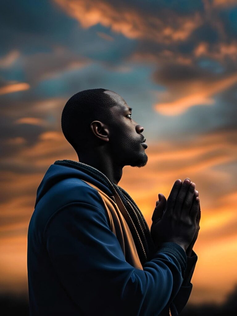 man prays in the sunset